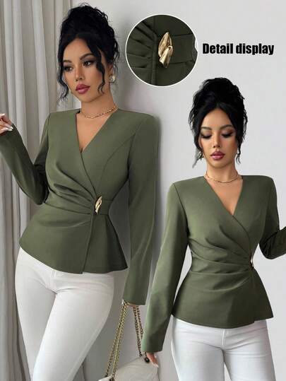 Elenzga Vrouwen nieuwe Franse elegante luxe feest minimalistische high-end V-hals asymmetrische gerimpelde metalen decoratie getailleerde taille lange mouw blouse