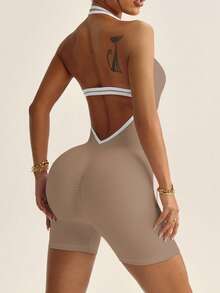 Dewbera 无缝双色连体紧身裤 - 卡其色 - 查看 5