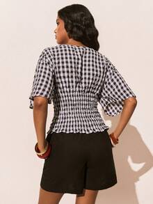 Poéselle 女士圆领短袖格子修身衬衫，女士外出上衣，优雅女士衬衫，女士休闲衬衫，女士沙滩装，女士度假装，夏季上衣，春夏款 - 黑與白 - 查看 6