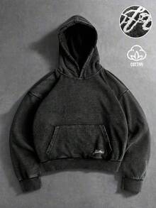 PAVTROS 男士休闲秋季连帽衫，带字母刺绣和袋鼠口袋，宽松版型，街头风，水洗做旧，复古风。 - 黑色 - 查看 6