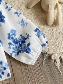 SHEIN Áo sơ mi dài tay họa tiết hoa cho bé gái, viền ren rỗng, ve áo lớn, kiểu dáng đồng quê cổ điển. - Màu xanh lam - Xem 7