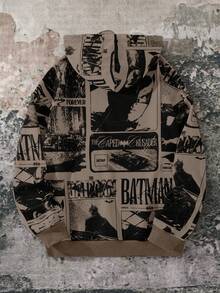 BATMAN X SHEIN 85th Unisex Casual Loose Knit Vintage Poster Print Hooded Sweatshirt, Autumn/Winter - Coffee Brown - View 2