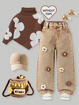 Young Girl Fashion Washed Stereo Floral Jeans