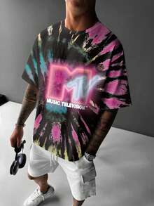 MTV | SHEIN 男士休闲字母图案扎染圆领短袖T恤，夏季 - 白色 - 查看 5