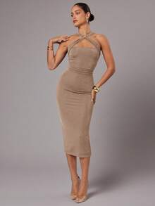 Silquee Women's Sleeveless Solid Color Metal Decor Dress - Brown - View 4