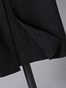 SHEIN 青少年男童纯色前襟休闲百搭短袖衬衫 - 黑色 - 查看 6