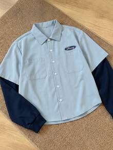 Manfinity Unisex Camisa de manga larga con bolsillo y estampado de letras 2 en 1 de solapa única para hombre - Azul - Ver 6