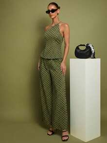 COSMINA Women's Casual Polka Dot Print Sleeveless Top And Pants 2 Pieces Set, Summer, Green Set Women, Pants And Top Set, Wide Leg Pants Set, Green Two Pieces - Olive Green - View 3