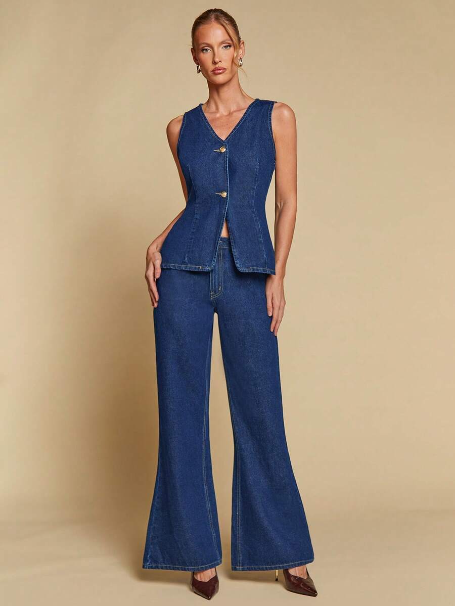 COSMINA Bộ đồ nữ gồm áo khoác không tay và quần ống rộng bằng vải denim, áo khoác đính cúc kim loại và quần ống loe, trang phục công sở thường ngày. - Màu xanh lam - Xem 1