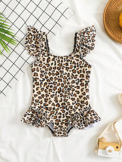 SHEIN Traje de baño de una pieza con estampado de leopardo y volantes para niña