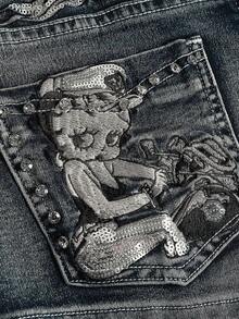 Betty Boop | ROMWE 女式复古 Y2K 朋克风格低腰超短手枪刺绣牛仔短裤 - 藍色 - 查看 4