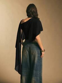 Poéselle 女士纯色不对称领口褶皱连体衣 - 黑色 - 查看 2