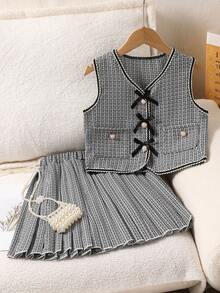 SHEIN 优雅无袖蝴蝶结开衫上衣和百褶裙套装，适合少女夏季 - 黑與白 - 查看 10