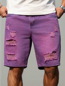 Manfinity Homme Purple Destroyed Denim Shorts For Men Straight Leg Street Casual Retro Short Design - Purple - View 6