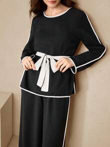 Graceveil Women's Casual Color Block Round Neck Tracksuit Set, Spring/Autumn - Black - View 1