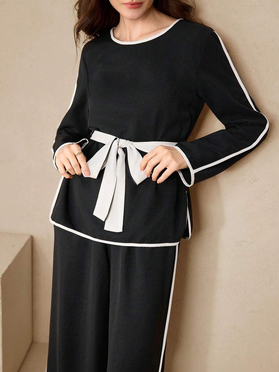 Graceveil Women's Casual Color Block Round Neck Tracksuit Set, Spring/Autumn - Black - View 1