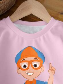 Blippi X SHEIN Young Girl Casual Letter & Cartoon Graphic Crew Neck Sweatshirt, Autumn - White - View 3