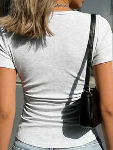 INAWLY 女士纯色甜心领修身罗纹性感短袖针织T恤 - 淺灰色 - 查看 2