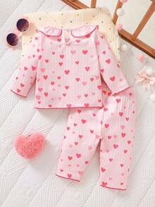 SHEIN Newborn Baby Girl White Knitted Striped Cartoon Cherry Print Pattern Lotus Collar Long Sleeved Top Paired With Matching Pants Cute, Sweet, Elegant, Comfortable Fabric Suitable For Home And Outdoor Activities Baby Girl Heart Outfit Baby Girl Clothes Heart Baby Girls Clothing Born Baby Girl Clothes Strawberry - Pink - View 4