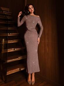 Modelyn Elegant Glitter Sequin Dress For Women,Maroon Autumn Evening Midi Dress,Long Sleeve Tight Fit Luxury Party Brown Dress - Brown - View 1