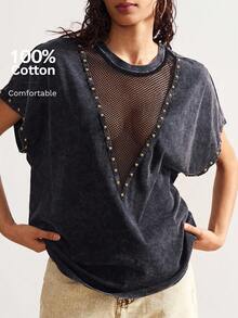 Bohemela 女式宽松纯色针织拼布网眼圆领短袖 T 恤 - 黑色 - 查看 1