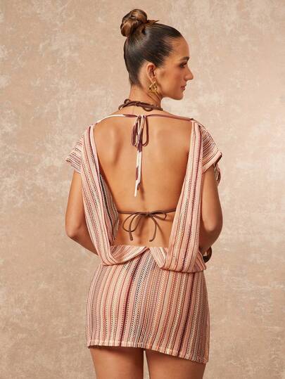 Lumalex New Resort Collection Statement Mini Beach Cover-Up Set Featuring Soft Structured Short-Sleeve Top, Coordinated Mini Skirt, Open Back With Adjustable Tie Closure, Textured Striped Fabric, And Elevated Coastal Fit, Spring Summer Swimsuit Swimwear Swim Vacation Bohemian BOHO Sea Beach Hot Outdoor Richly Layered Wedding Season Banquet Coming Of Age Ceremony Beach Seaside Festival Old Money Wedding Engagement Coming Of Age Ceremony Women's Luxury Party Floral Print Dress, New Year's Outfits, Cancun Holiday, Ideal For Spring Summer Swimsuit Swimwear Swim Vacation Bohemian BOHO Sea Beach Hot Outdoor Richly Layered Wedding Season Banquet Coming Of Age Ceremony Beach Seaside Festival, Valentine's Day, Vacation Beach Cover Ups