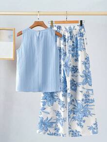 SHEIN Clasi Women's Crew Neck Sleeveless Loose Pleated Blue Floral Print Wide Leg Pants, Elegant Casual Outfit For Outings And Vacation, Spring/Summer Two Pieces Women Sets Summer Women's Summer Sets 2 Pc Summer Outfits Ladies Casual Sets Summer Outfit For Women Vacation Outfits Women, Holiday Outfitssummer Outfits, Spring Outfit, Beach Outfit, Festival Outfits, Vacation Outfits, Office Outfits, Country Outfit Women / For Women Elegant Dress, Elegant Party Dress, Elegant Blouse, Casual Classy Casual Dress, Casual Blouse, Casual Sets, Casual Long Dresses Beach Dress, Beach Outfit, Vacation Dress, Summer Holiday Outfits Wedding Guest Dress, Bridesmaid Dress, Graduation Dress - Multicolor - View 11