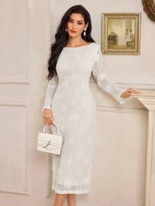Modelyn Đầm midi dài tay cổ thuyền, chất liệu jacquard, thanh lịch, thắt eo, dành cho nữ, thích hợp cho các bữa tiệc và sự kiện. - trắng - Xem 5