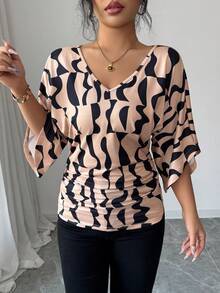 Selianne Summer New Comfortable Casual V-Neck Ruffle Batwing Sleeve Irregular Color Block Print Ruched Hem Women T-Shirt - Multicolor - View 5