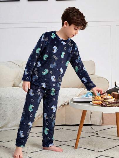 Pijama niño estilo casual estampado caricatura tejido suave punto corte holgado cuello redondo manga larga otoño invierno hogar dormir conjunto