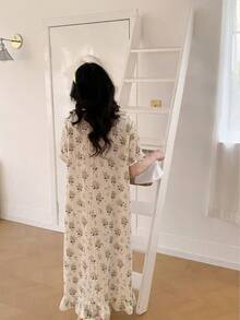 SHEIN Vintaside Kids Đầm dạ hội cổ bèo tay bồng màu vàng in hoa thanh lịch dành cho thiếu nữ, đồ ngủ dễ thương và duyên dáng. - Màu vàng - Xem 2