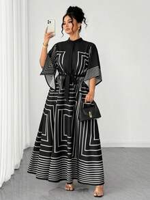Elenzga Đầm dài tay dáng chữ A, cổ bẻ, họa tiết sọc đen trắng, cỡ lớn, thanh lịch, thích hợp cho công sở, màu đen. - màu đen - Xem 5