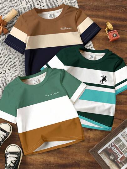 3pcs Young Boys' Casual Classic Stylish Colorblock Graphic Print Comfortable Short Sleeve T-Shirts, Suitable For Spring/Summer, Home, Outdoor, Matching Brothers