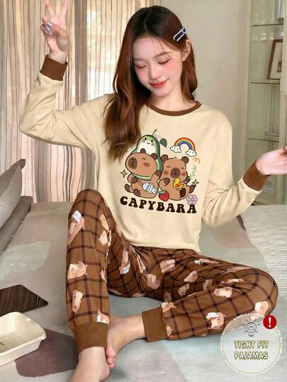 Teen Girls Cute Capybara Plaid Loungewear Set - Beige Brown Cute Capybara Plaid Loungewear 2-Piece Combo Cute Capybara Design Beige Brown Warm Color Round Neck Long Sleeve Cute Capybara Plaid Loungewear Set 2-Piece Combo Social Media Style Cute Capybara 2026 New Year Holiday Essential Spring Summer Autumn Winter Teen Girls Cute Capybara Plaid Loungewear Set Cute Pajama Set Pajama Set Teen Girls Sleep Wear Snug Fit Girl Teen Long Sleeve Pajama
