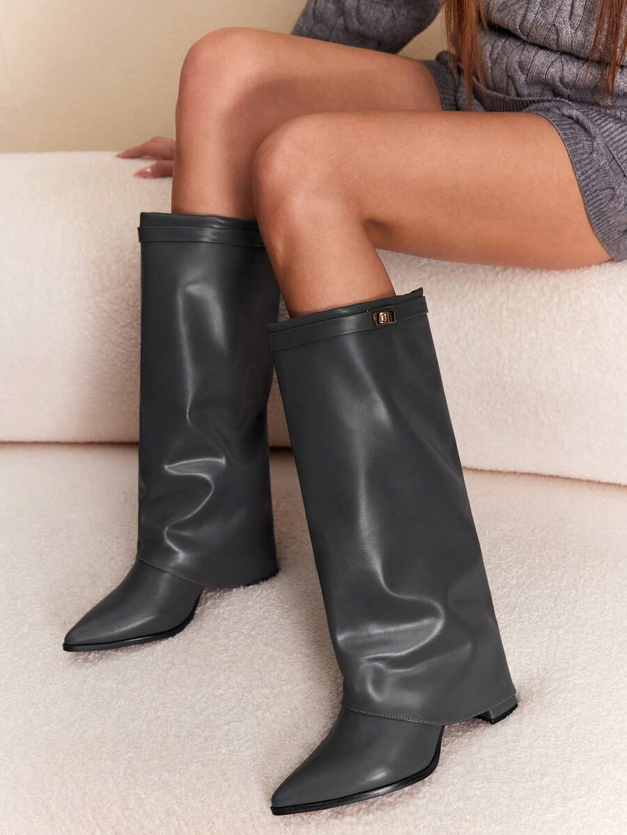 女士尖头时尚日常百搭高跟过膝长靴 - 深灰色 - 查看 1