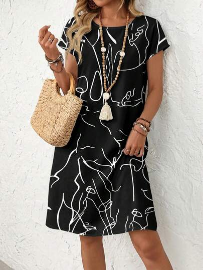 EMERY ROSE Casual Minimalist Vacation Print Women Short Dress, Suitable For Summer,Casual