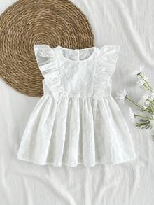 SHEIN Vintaside Kids 女婴梦幻网纱无袖连衣裙，杏色，简约风格，适合节日、优雅外出和温馨居家时光，春夏款 - 白色 - 查看 3