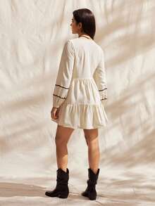 Easelle Women's Embroidered Knot Ruffle Hem Long Sleeve Mini Dress - Apricot - View 3