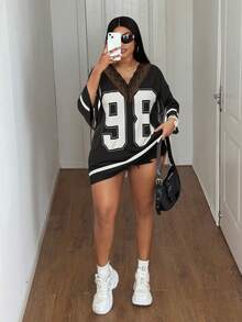 Maweii Plus Size Sporty Lace Patchwork Contrast Color T-Shirt - Black - View 4