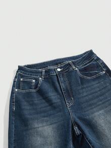 ROMWE Grunge Punk Calça Jeans Flare com Estampa da Bandeira do Reino Unido, Lavagem Vintage, Bolso, Estilo Y2K Baddie, Plus Size - Azul Marinho - Visão 4