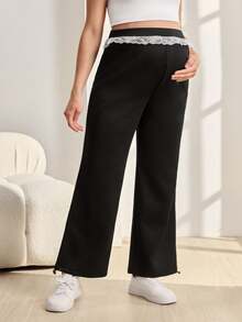 SHEIN Loose Fit Solid Color Lace Trim Maternity Sweatpants - Black - View 1