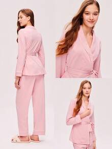 LUVLETTE Pink Soft 100% Pure Cotton Top With Tie Basic Long Women Pajama Set Lounge Sets For Women - Pink - View 2