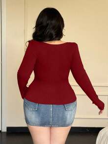 Flirla 春、秋、冬皆宜，优雅蕾丝边饰高领长袖罩衫T恤，修身时尚小众设计拼接上衣 - 酒紅色 - 查看 2