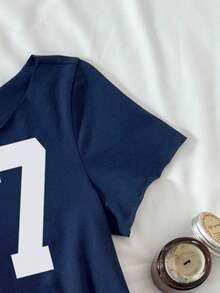 SHEIN Tween Girl Casual Street Style Vintage College Numeric Print Asymmetrical Shoulder Loose Personalized Drop Shoulder Short Knit Comfortable Pure Cotton Solid Color T-Shirt, Navy Blue