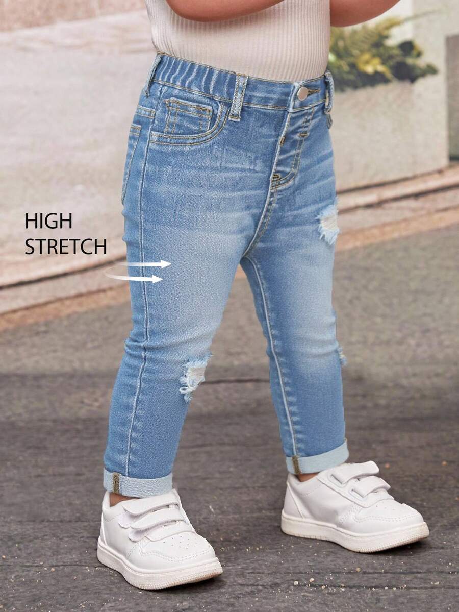 SHEIN Baby GirlBlue Denim Ripped Stretch Skinny Pants - Dark Wash - View 1