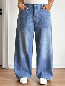 SHEIN CURVE+ Plus Size Fashionable Versatile High Waist Jeans,Loose Plus Size Denim Pants,Straight Wide-Leg Jeans,Light Wash Denim Pants,Elastic Waistband Denim Pants,Multi-Pocket Denim Pants,High-Waist Elastic Waistband Straight Wide-Leg Pants,Plus Size Loose Denim Pants,Multi-Pocket Straight Jeans,Office Casual Versatile Light Wash Denim Pants,Office Casual Versatile Multi-Pocket Denim Pants,Vacation Casual Denim Pants,All-Season Versatile Loose Wide-Leg Pants,Valentine's Day - Blue - View 4