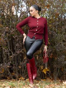 Melissa Matos Cardigan casual versatile da donna in tinta unita, cardigan sottile da donna, cardigan bordeaux, cardigan rosso scuro, cardigan con bottoni, abbigliamento autunnale da donna, vestiti autunnali da donna, cardigan rosso da donna, cardigan da donna - Castano - Visualizzare 1
