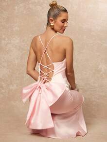 Lumalex 缎面亮面深V领露背交叉系带超大蝴蝶结性感甜美美人鱼裙摆女士连衣裙 - 粉色 - 查看 2