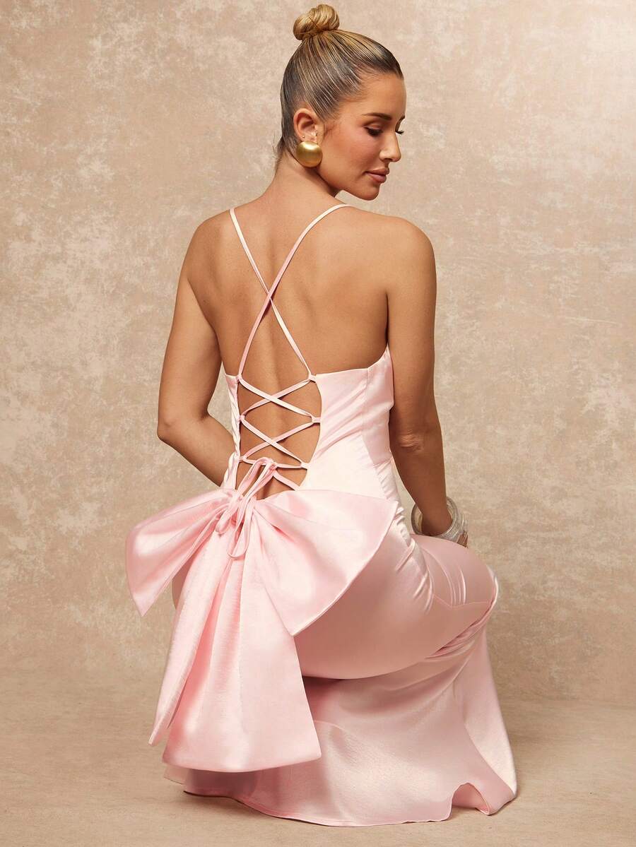 Lumalex 缎面亮面深V领露背交叉系带超大蝴蝶结性感甜美美人鱼裙摆女士连衣裙