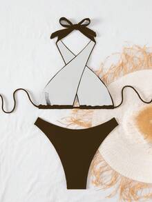 Swim SXY 2pcs Solid Color Knitted Tie-Back Summer Women Swimwear - Brown - View 4